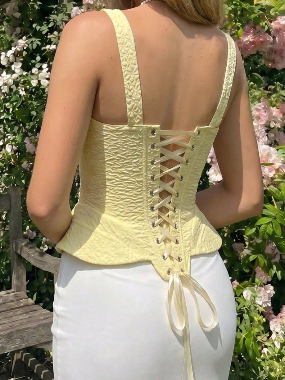 Light Yellow Casual Women's Elegant Jacquard Tank Top - Picture 2 of 6